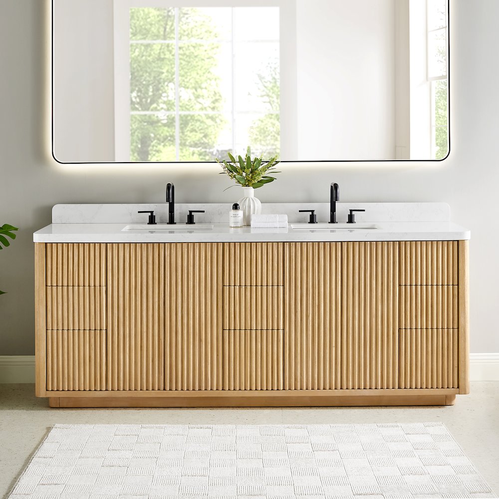 84" Double Bathroom Vanity in Washed Light Brown with Grain White. Picture 5