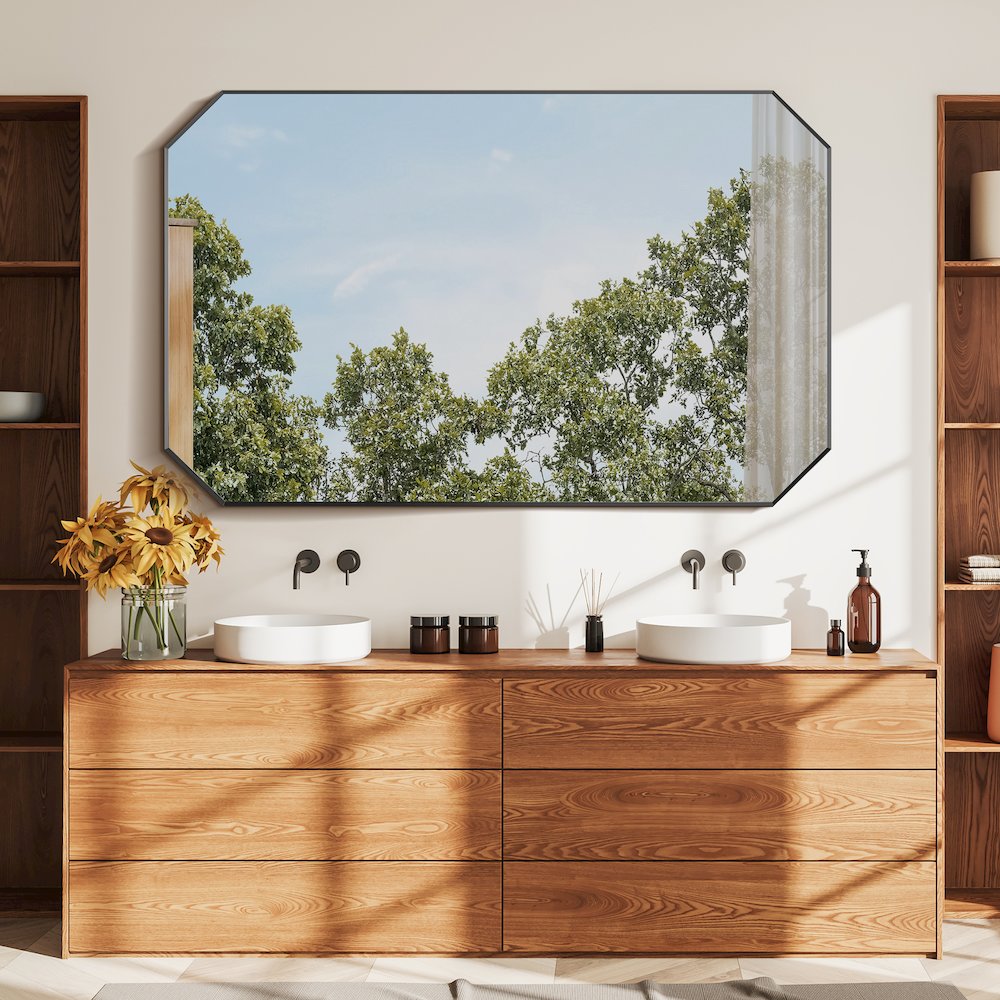 48"x30" Octagon Aluminum Framed in Matte Black Modern Bathroom Wall Mirror. Picture 5
