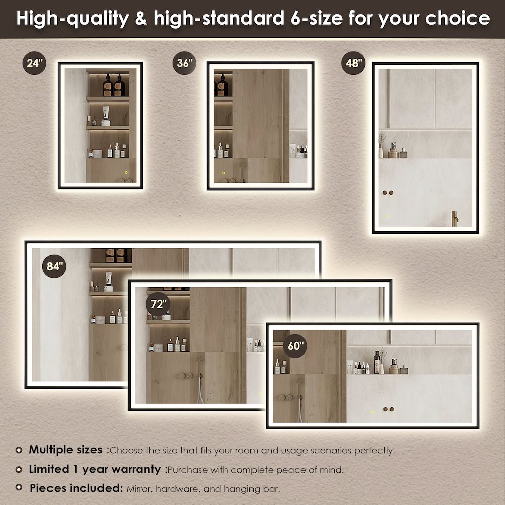72"x36" Rectangular Wall Mirror in Matte Black Aluminum Framed. Picture 18