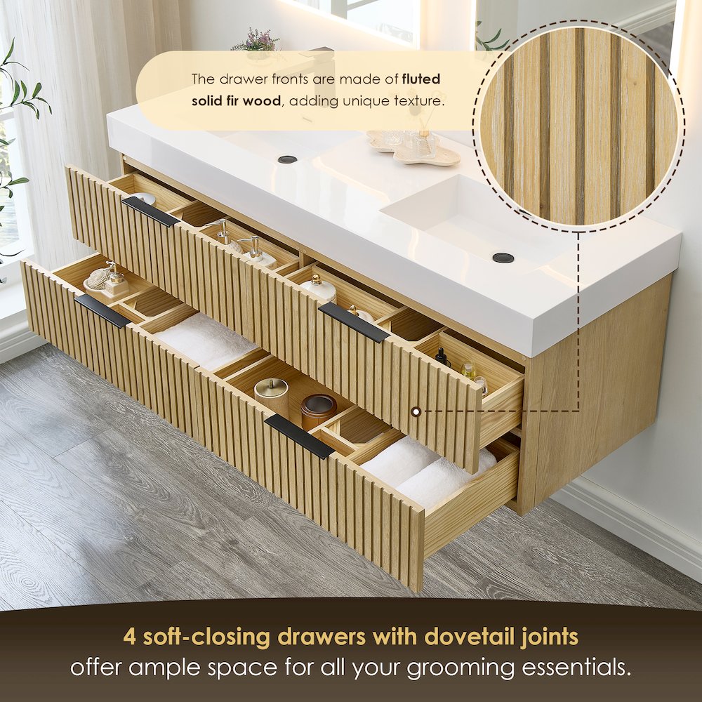 Double Bathroom Vanity in Nature Brown White Artificial Drop-in Sink. Picture 7