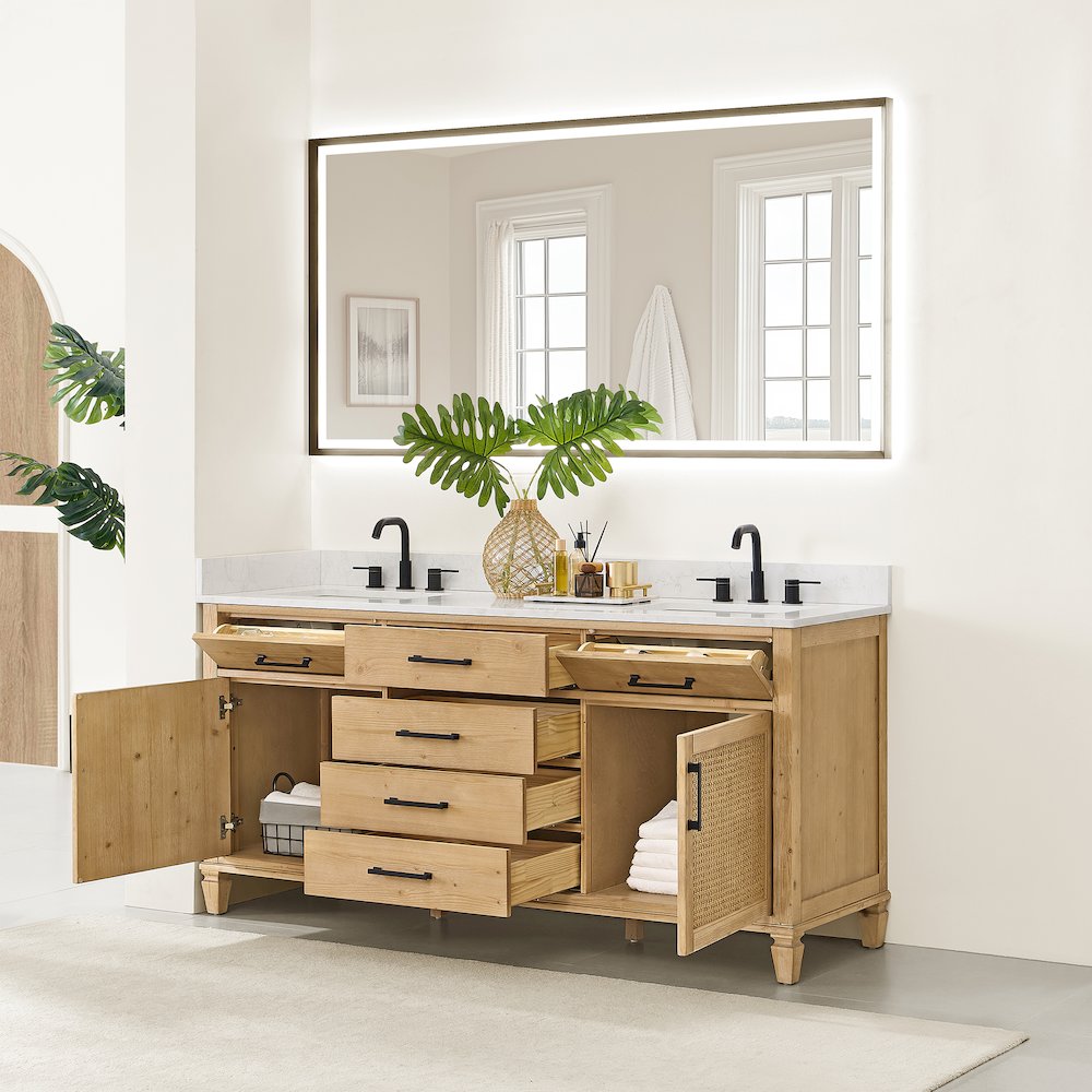 72" Double Bathroom Vanity in with Grain White Engineered Stone Countertop. Picture 4