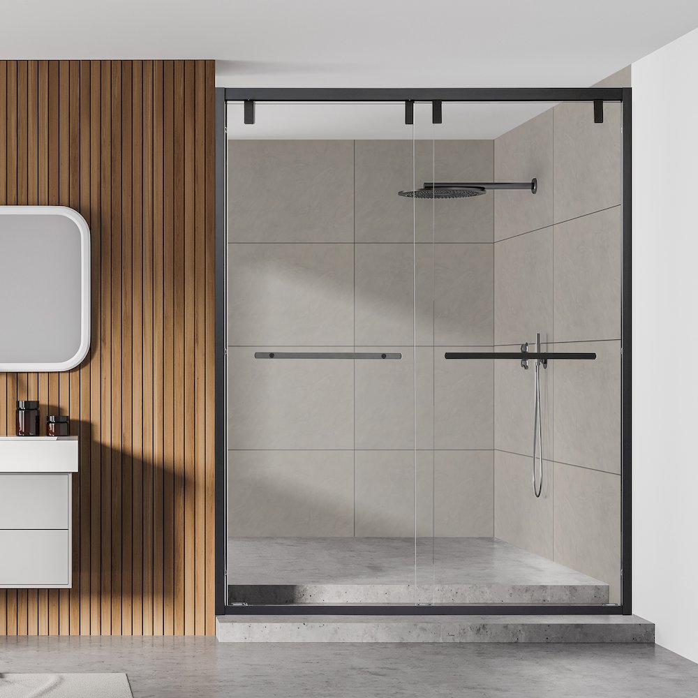 By Pass Semi Frameless Shower Door in Matte Black with Clear Glass. Picture 5