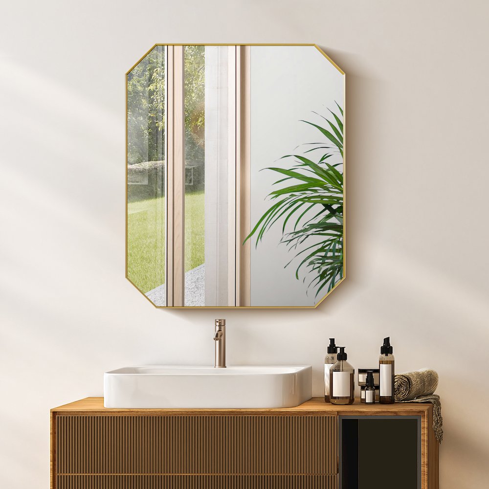 36"x30" Octagon Aluminum Framed in Brushed Gold Modern Bathroom Wall Mirror. Picture 5