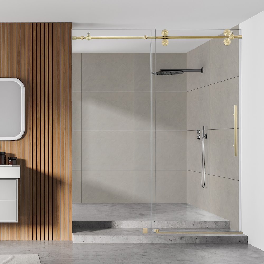 Single Sliding Frameless Shower Door in Brushed Gold with Clear Glass. Picture 5
