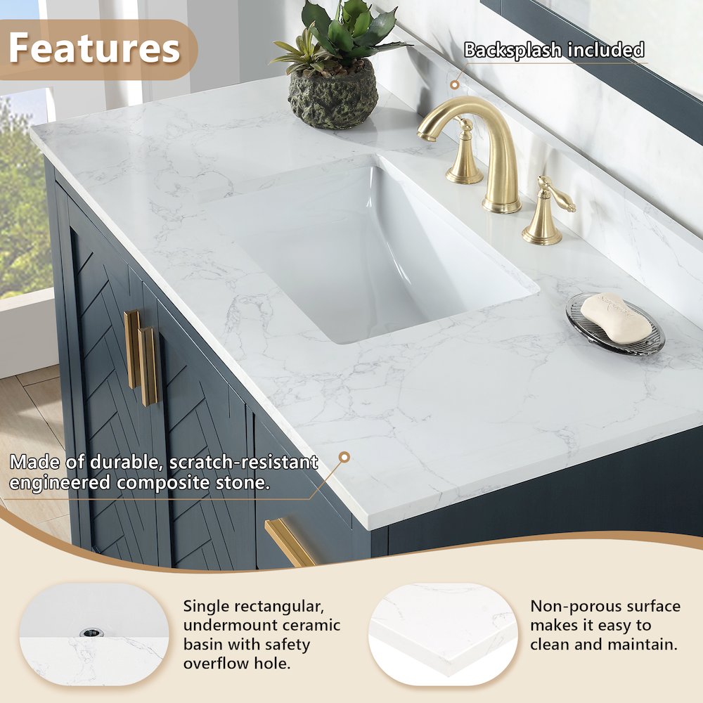 Ceres 43. in Engineered Stone Vanity Top in Grain White with Single White Sink. Picture 7