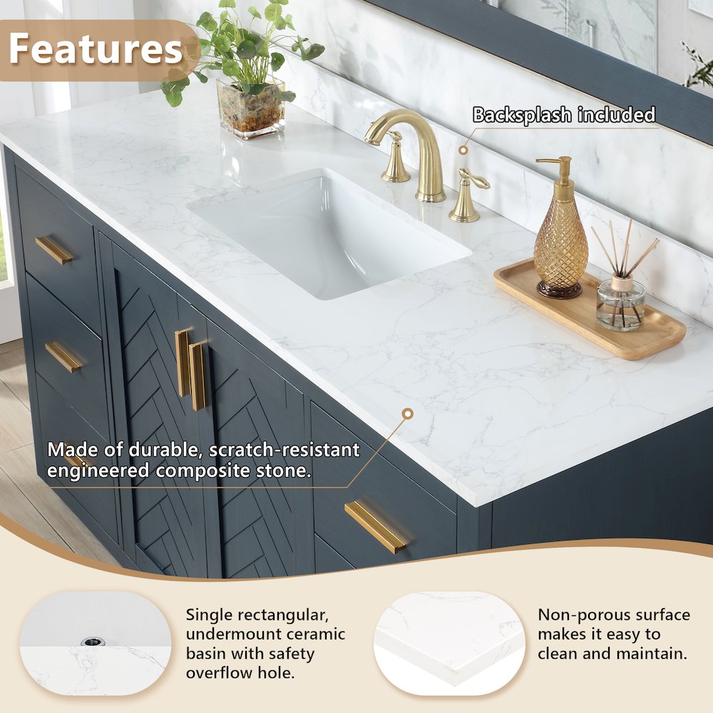 Ceres 61. in Engineered Stone Vanity Top in Grain White with Single White Sink. Picture 7