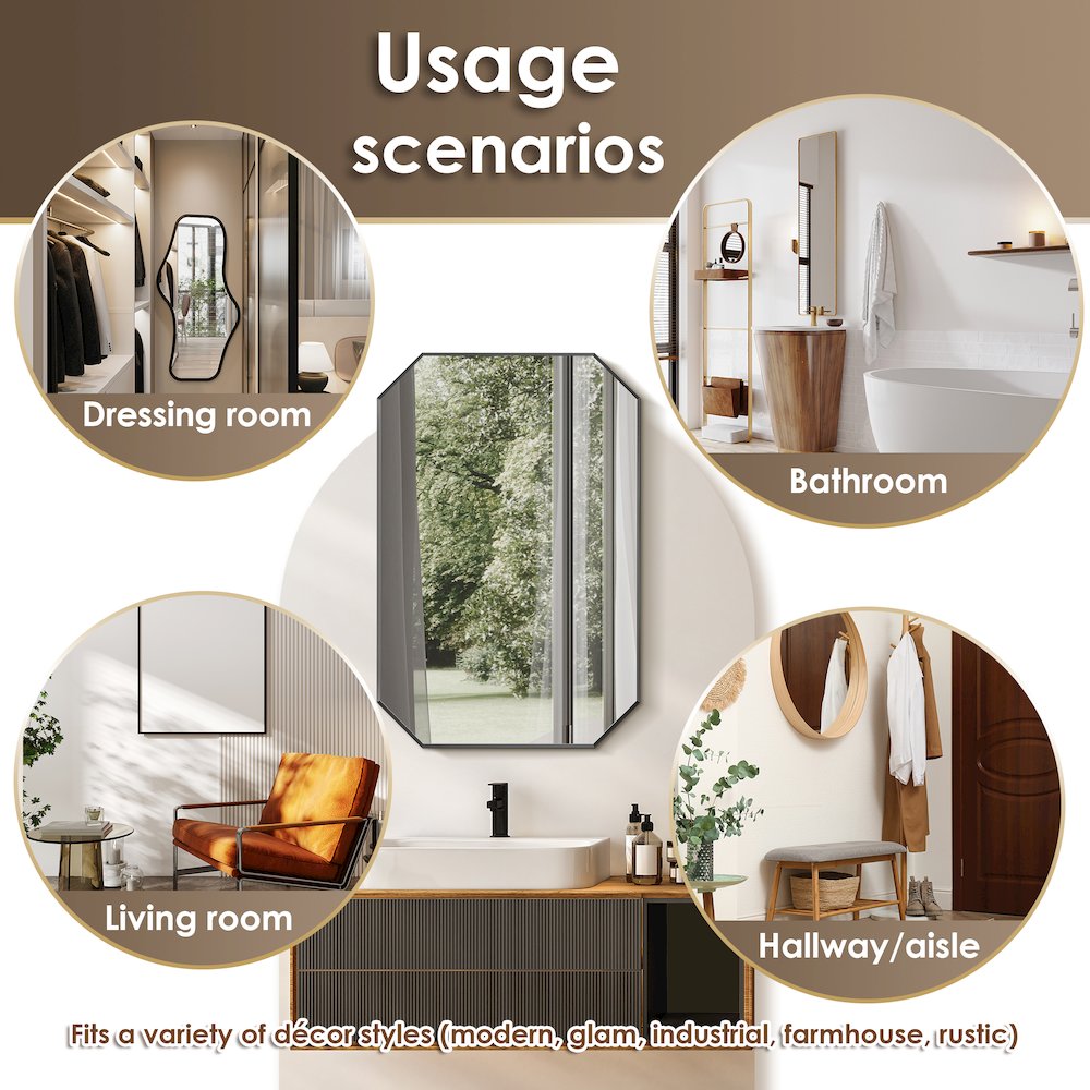 24"x36" Octagon Aluminum Framed in Matte Black Modern Bathroom Wall Mirror. Picture 12