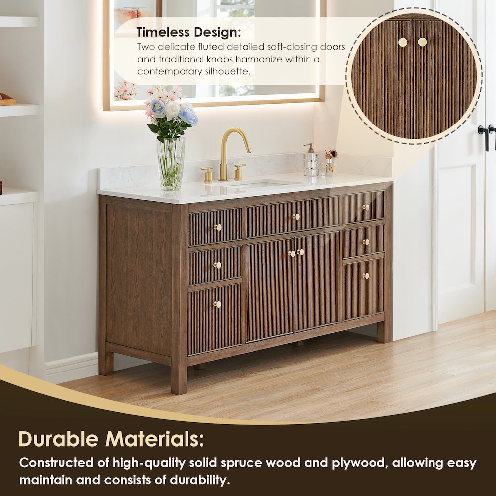 Single Bathroom Vanity in Brown Oak Grain White Engineered Stone Countertop. Picture 5