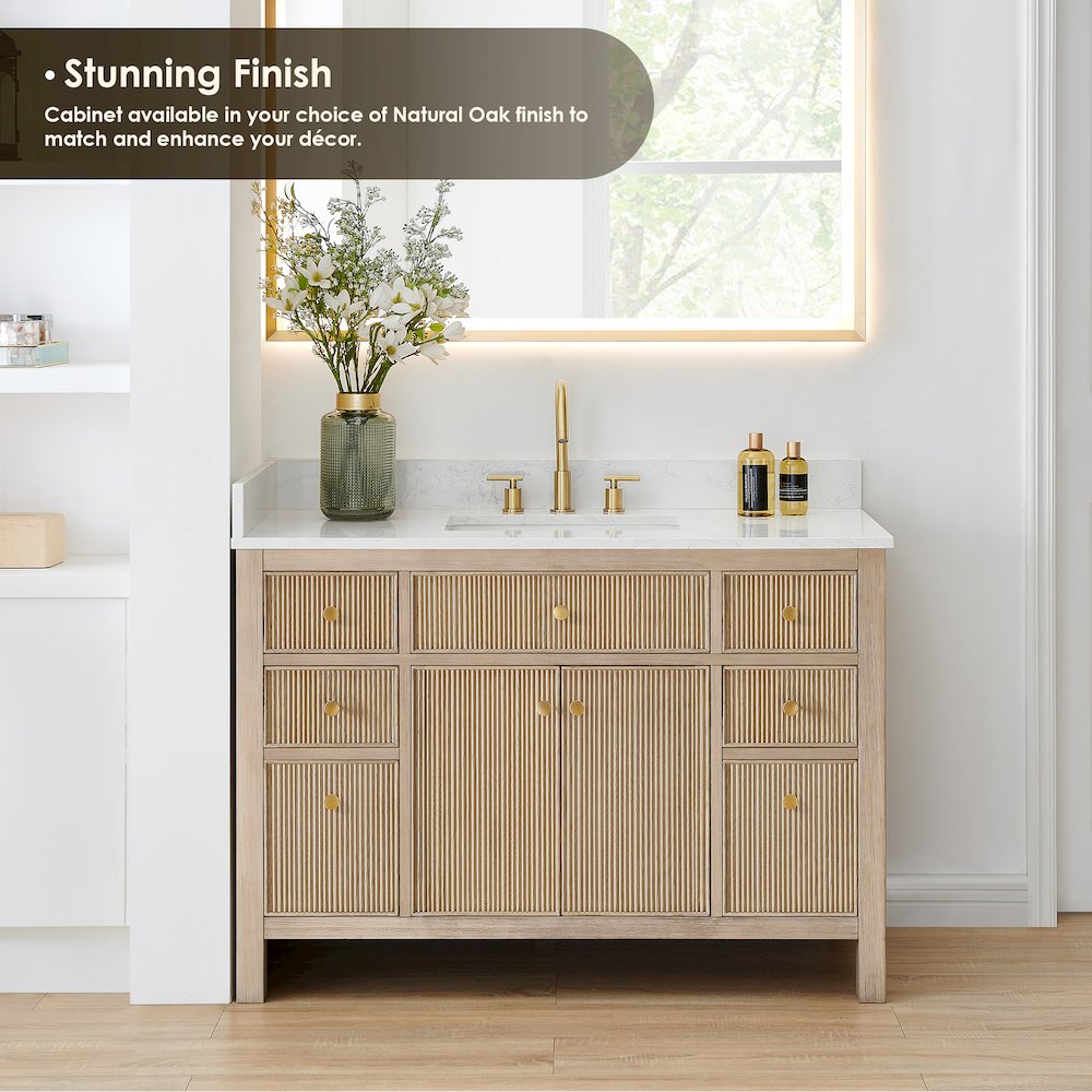 Single Bathroom Vanity in Nature Oak Grain White Engineered Stone Countertop. Picture 5