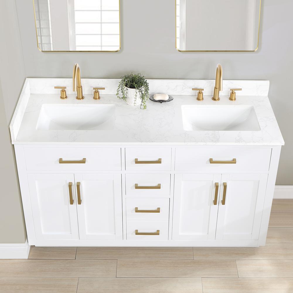 60" Double Bathroom Vanity in White with Mirror. Picture 4