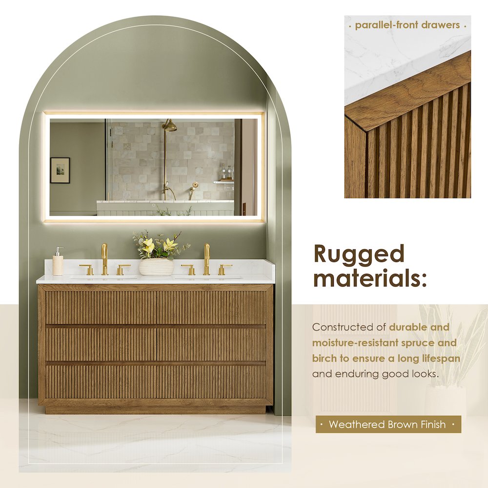 Navan 60" Double Bathroom Vanity in Weathered Brown. Picture 6