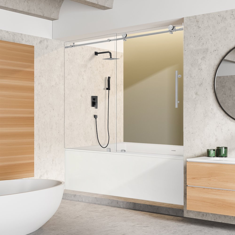 Single Sliding Frameless Tub Door in Brushed Nickel with Clear Glass. Picture 4