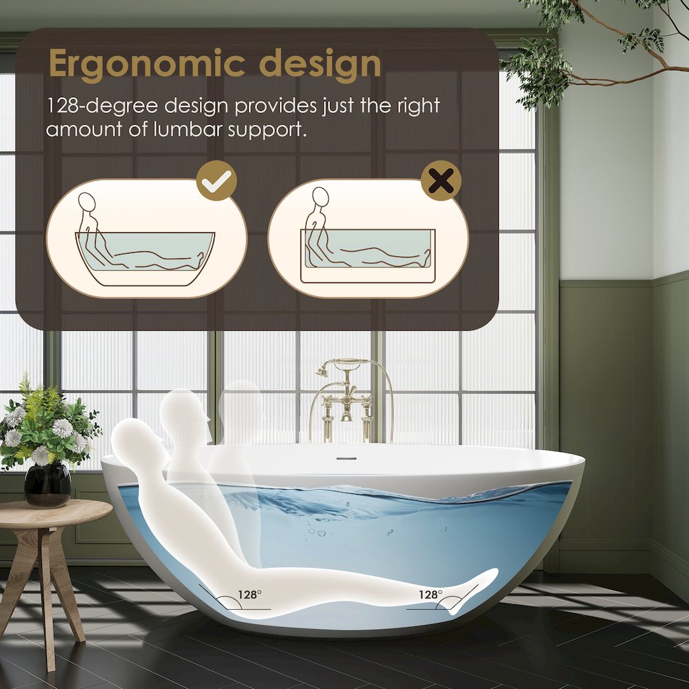 67" x 39" Solid Surface Soaking Bathtub in Matte White and Integrated Overflow. Picture 14