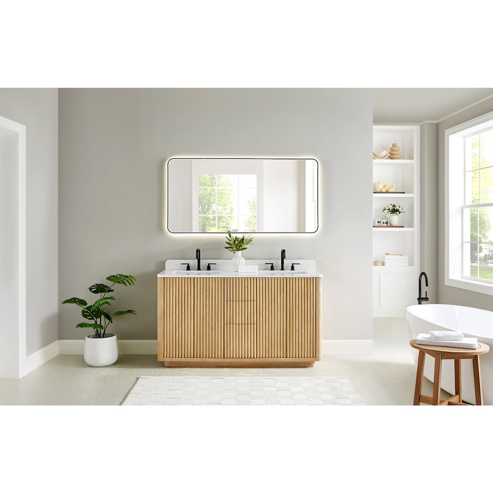 60" Double Bathroom Vanity in Washed Light Brown with Grain White. Picture 14