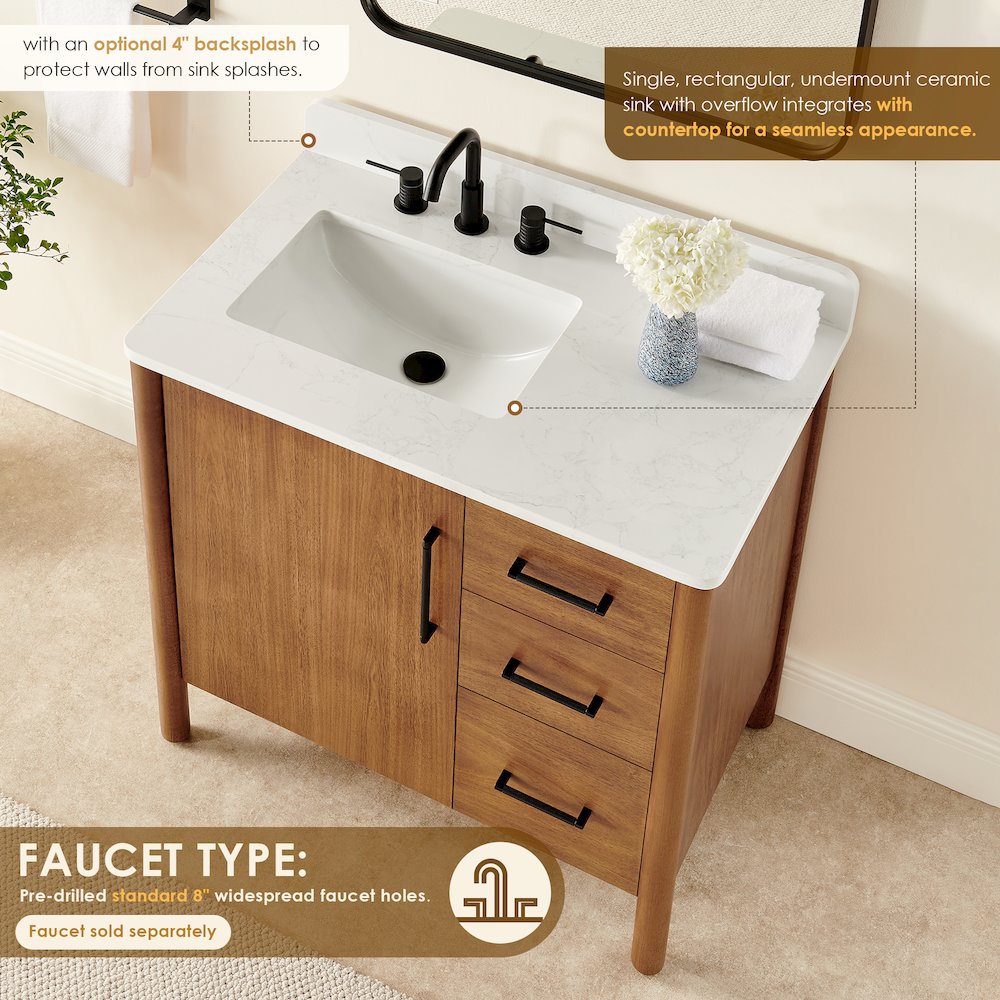 36" Single Bathroom Vanity in Mango Brown with Grain White. Picture 8