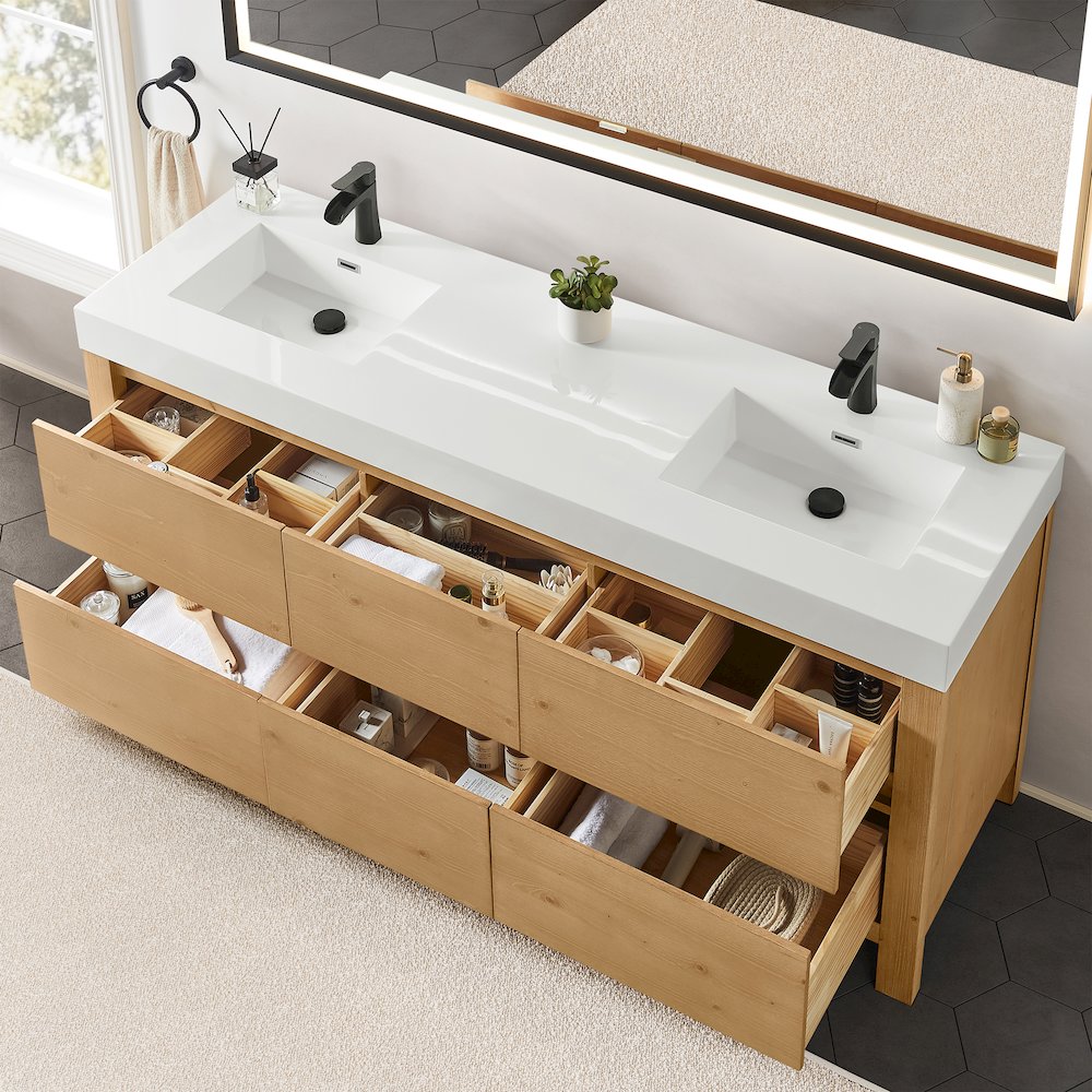 72" Double Bathroom Vanity in with White Artificial Stone Integrated Sink. Picture 5