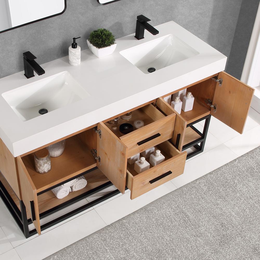 60" Double Bathroom Vanity in Light Brown awithout Mirror. Picture 6