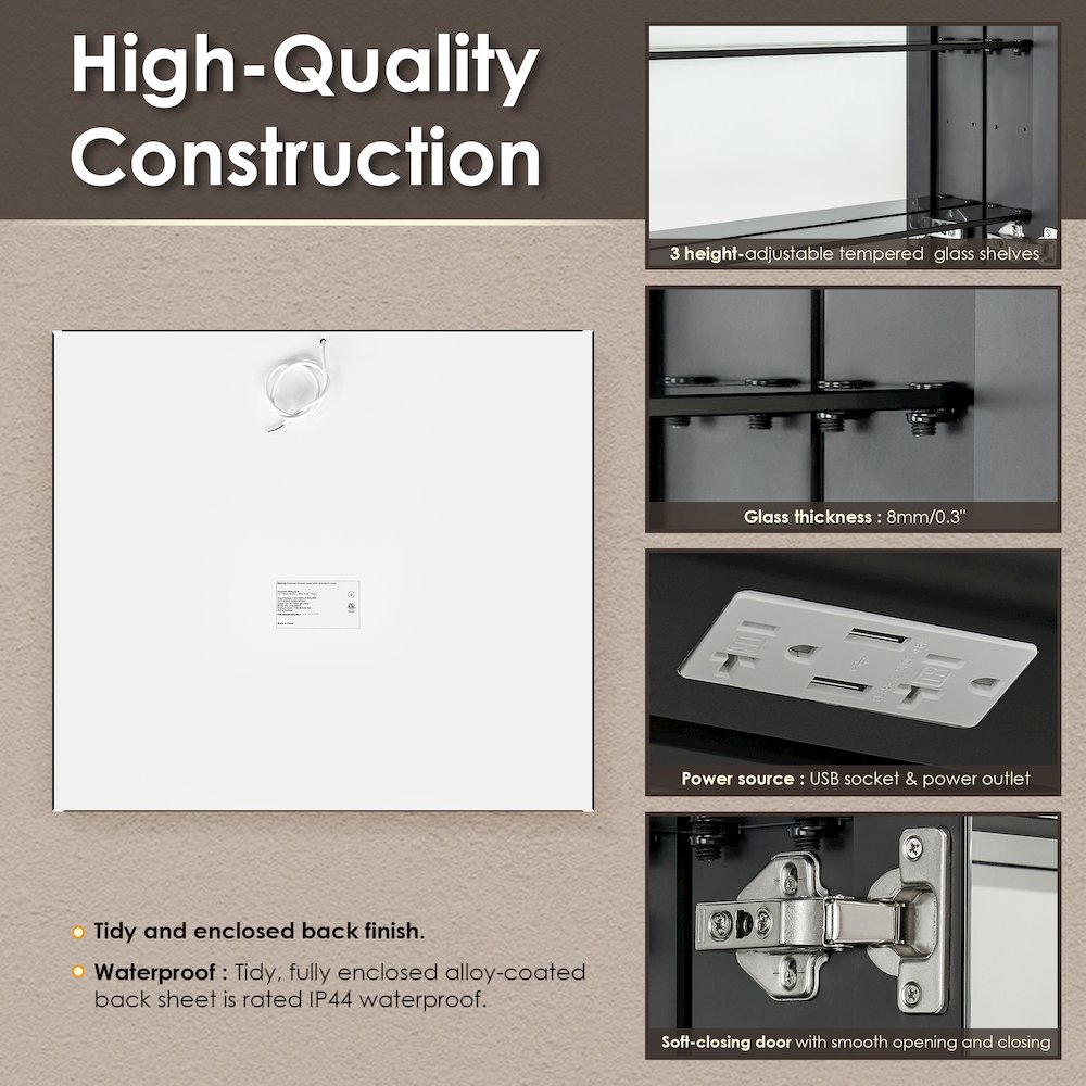 36"x32" Rectangular Bathroom Black Aluminum Mirror Medicine Cabinet. Picture 16
