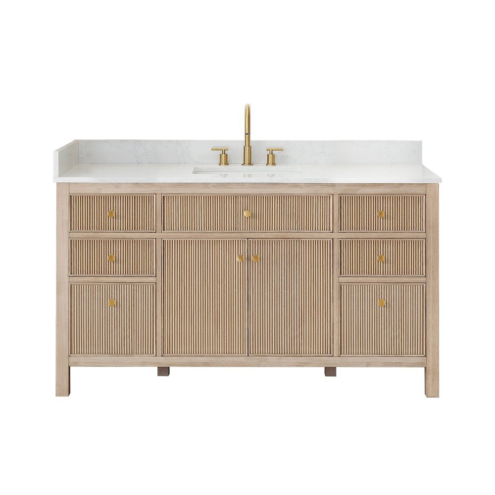 Single Bathroom Vanity in Nature Oak Grain White Engineered Stone Countertop. Picture 1