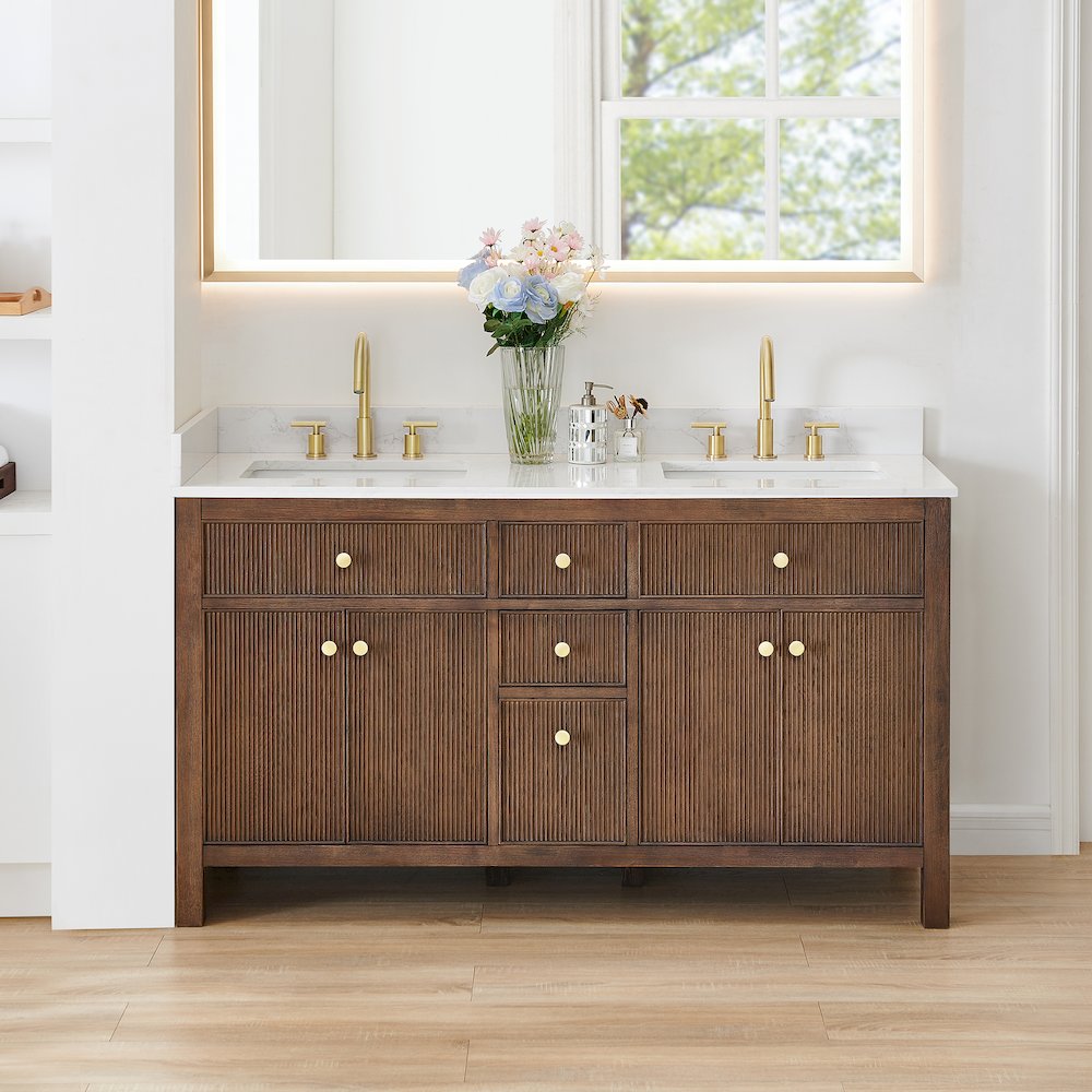 Double Bathroom Vanity in Brown Oak Grain White Engineered Stone Countertop. Picture 2