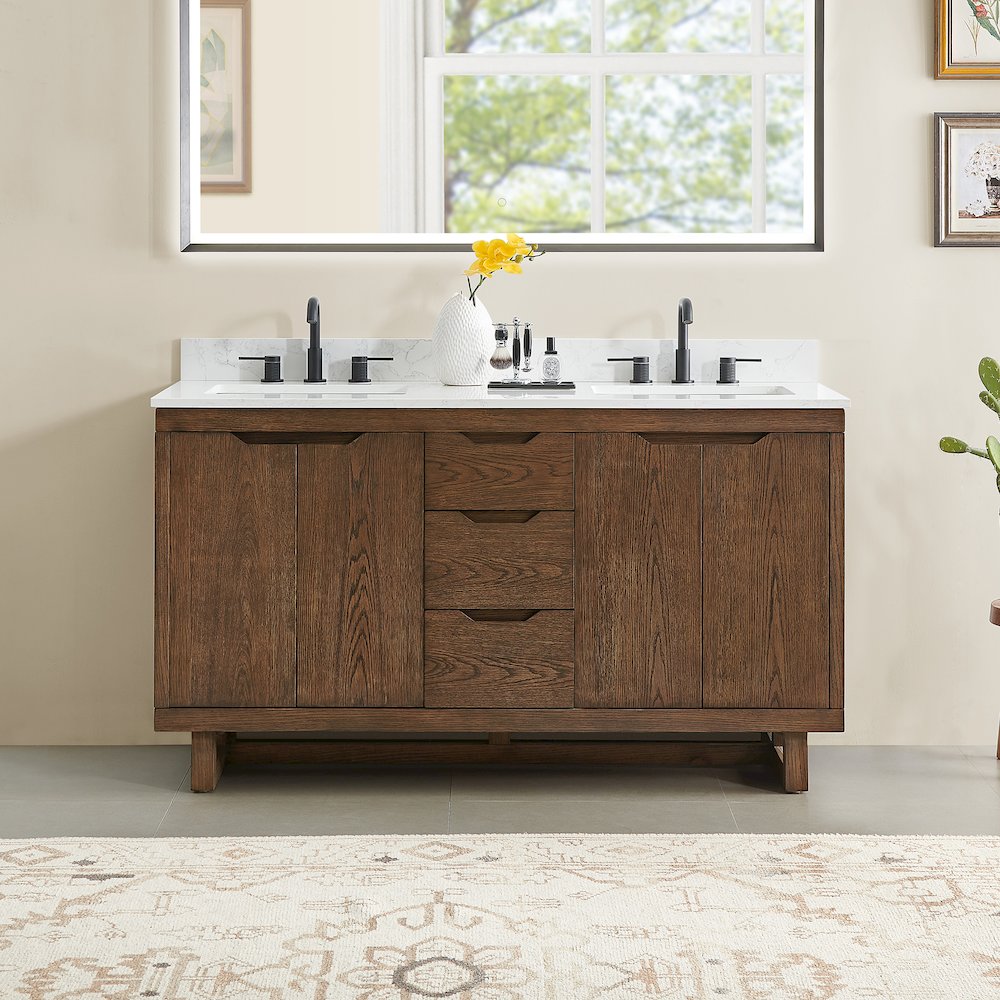 60" Double Bathroom Vanity in Brown Brushed Oak with Grain White. Picture 2