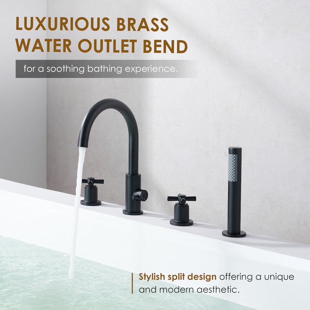 Cross Handles Deck-Mount Roman Tub Faucet in Matte Black with Handshower. Picture 8