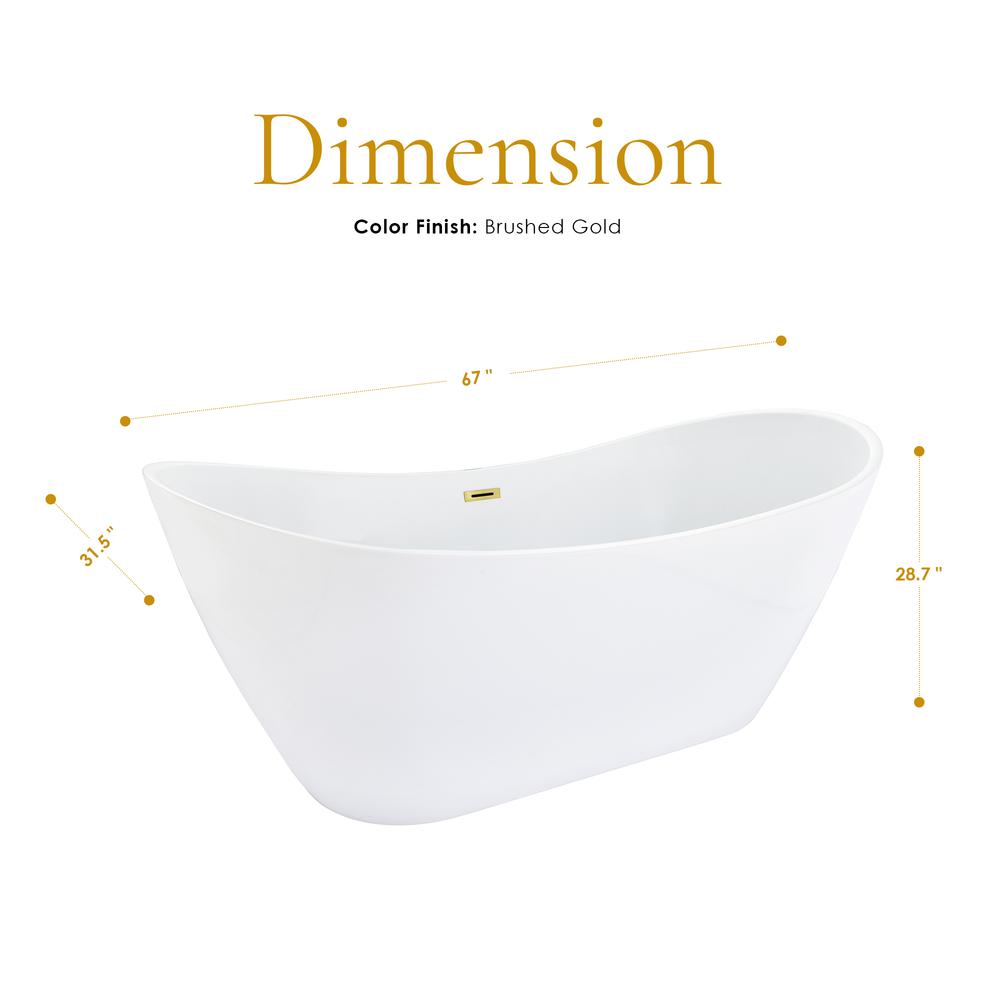 Vansza 67" x 32" Flatbottom Freestanding Acrylic Soaking Bathtub in Glossy White. Picture 5