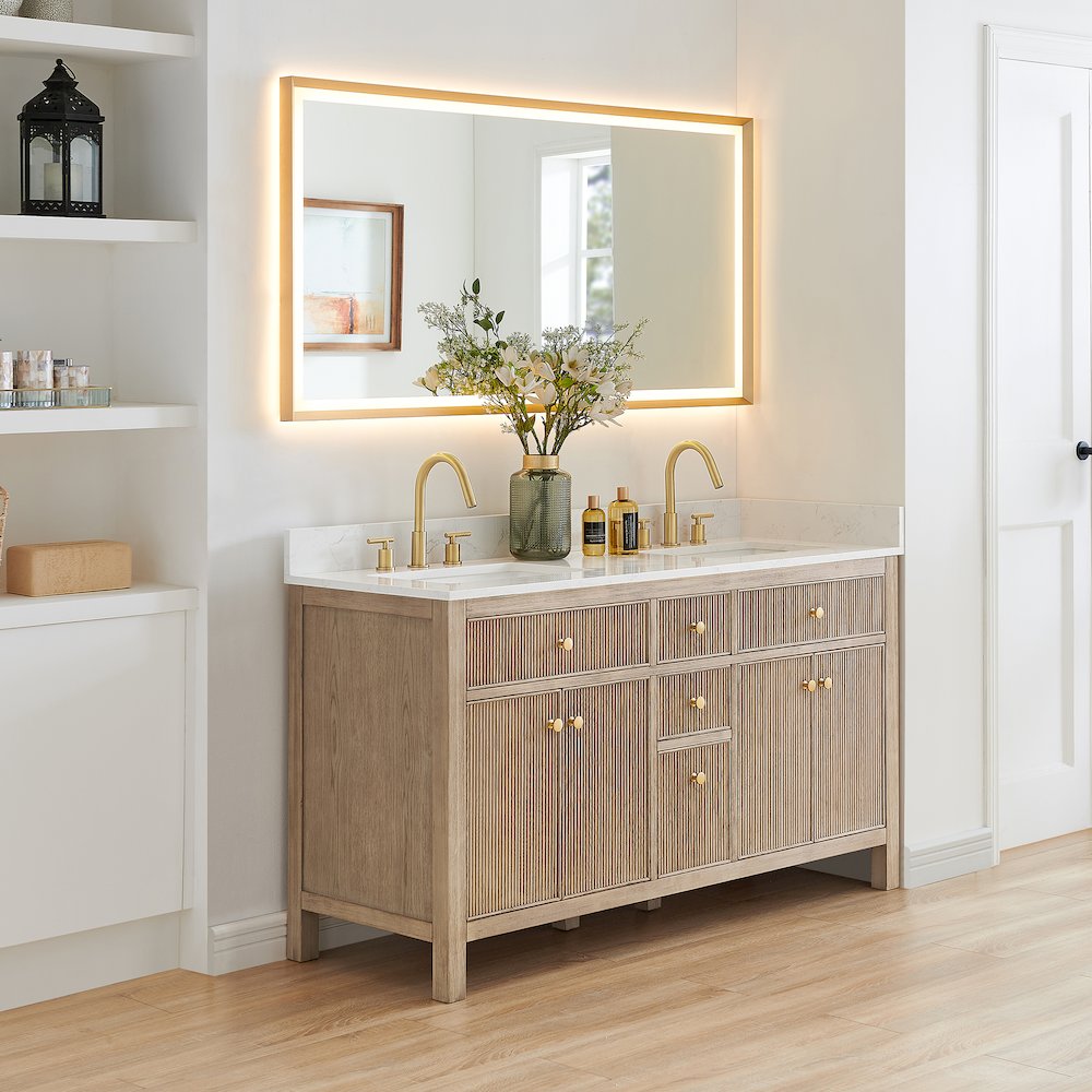 Double Bathroom Vanity in Nature Oak Grain White Engineered Stone Countertop. Picture 4