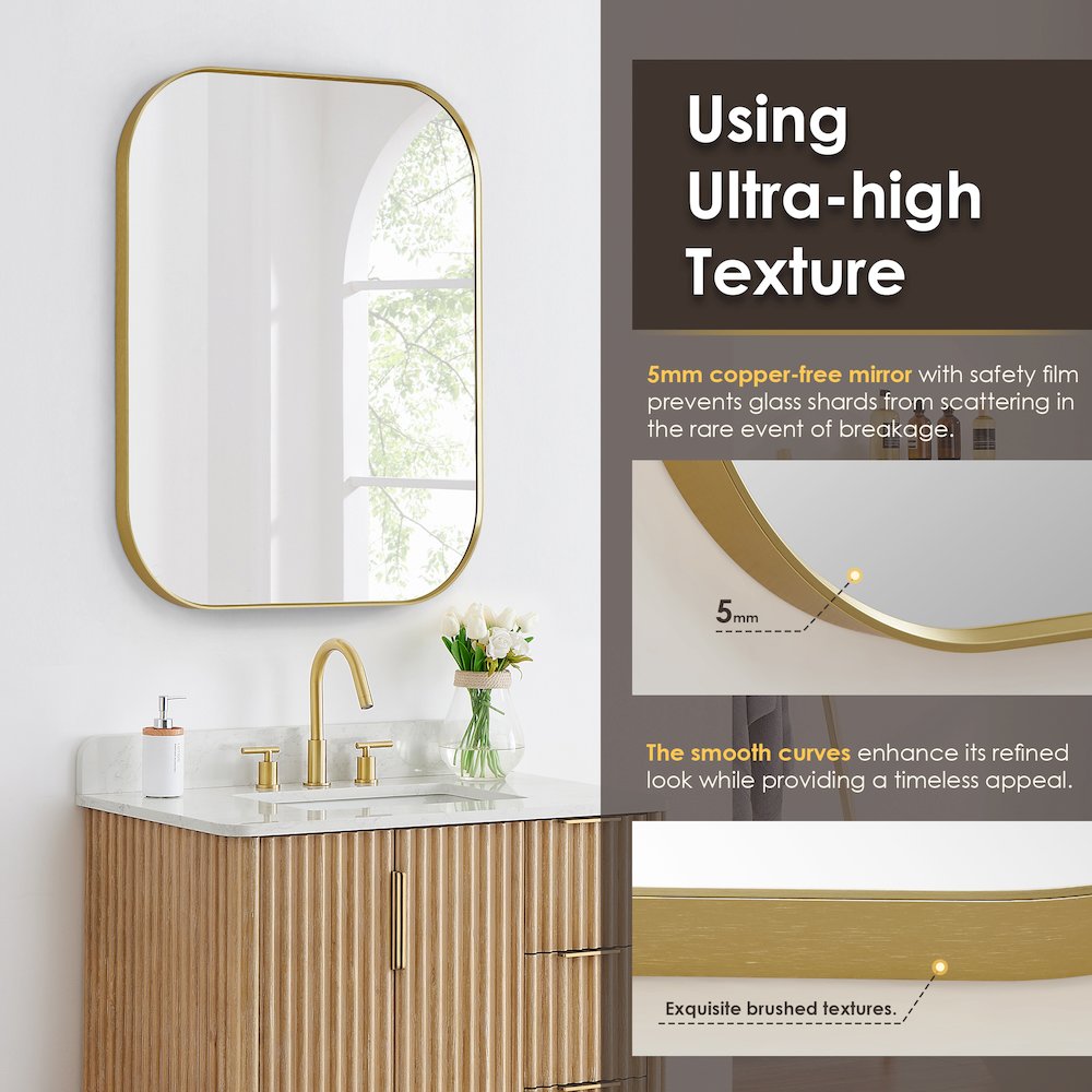 36x30" Rectangular Aluminum Framed in Brushed Gold Modern Bathroom Wall Mirror. Picture 9