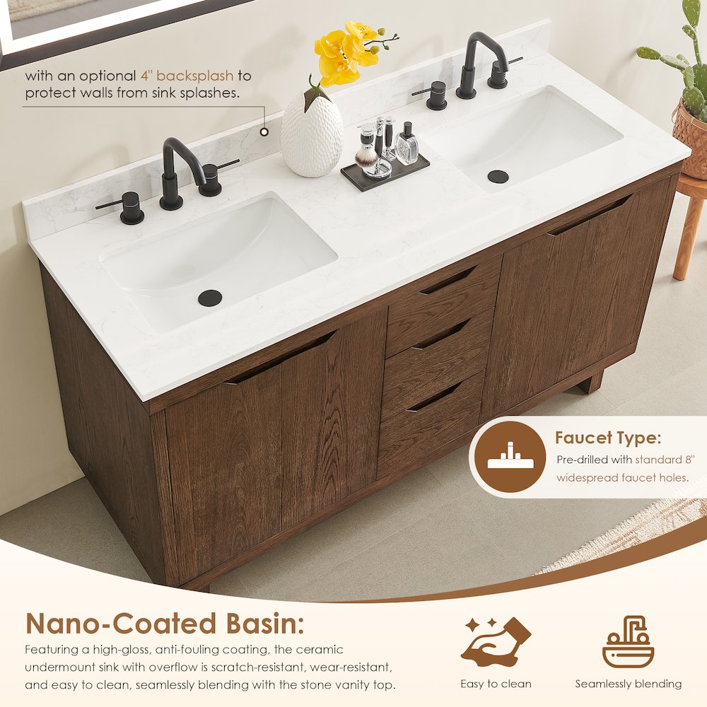 60" Double Bathroom Vanity in Brown Brushed Oak with Grain White. Picture 6