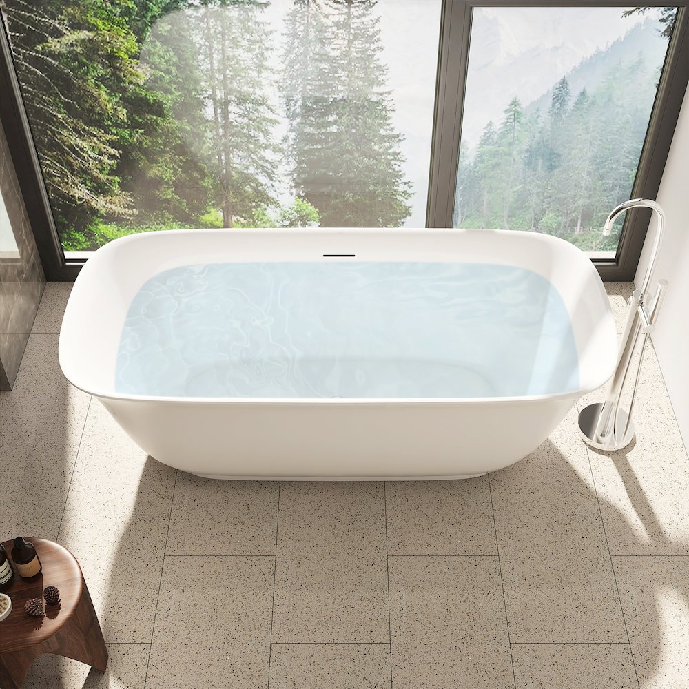 59" x 32" Flatbottom Freestanding Acrylic Soaking Bathtub in Glossy White. Picture 7