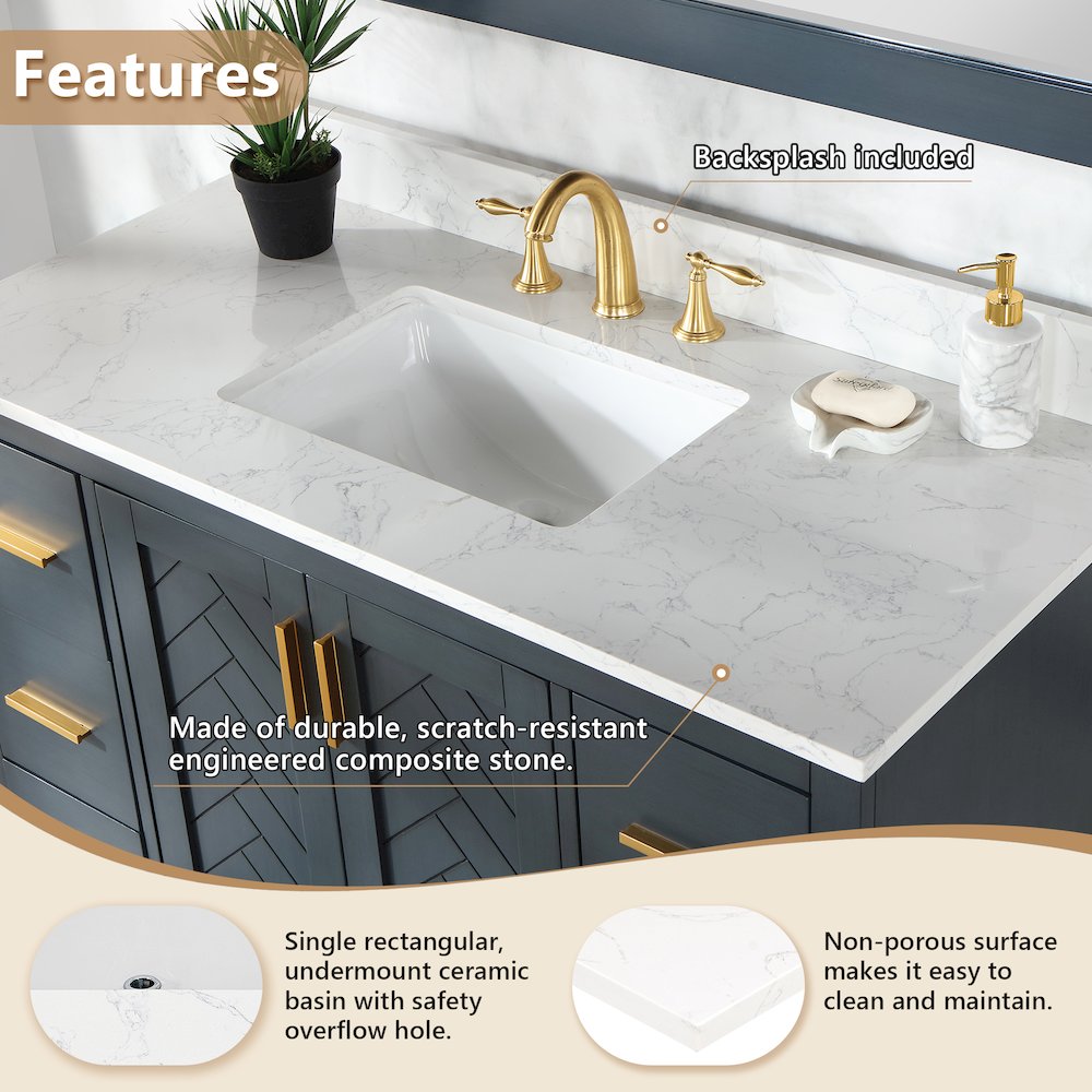 Ceres 49. in Engineered Stone Vanity Top in Grain White with Single White Sink. Picture 7