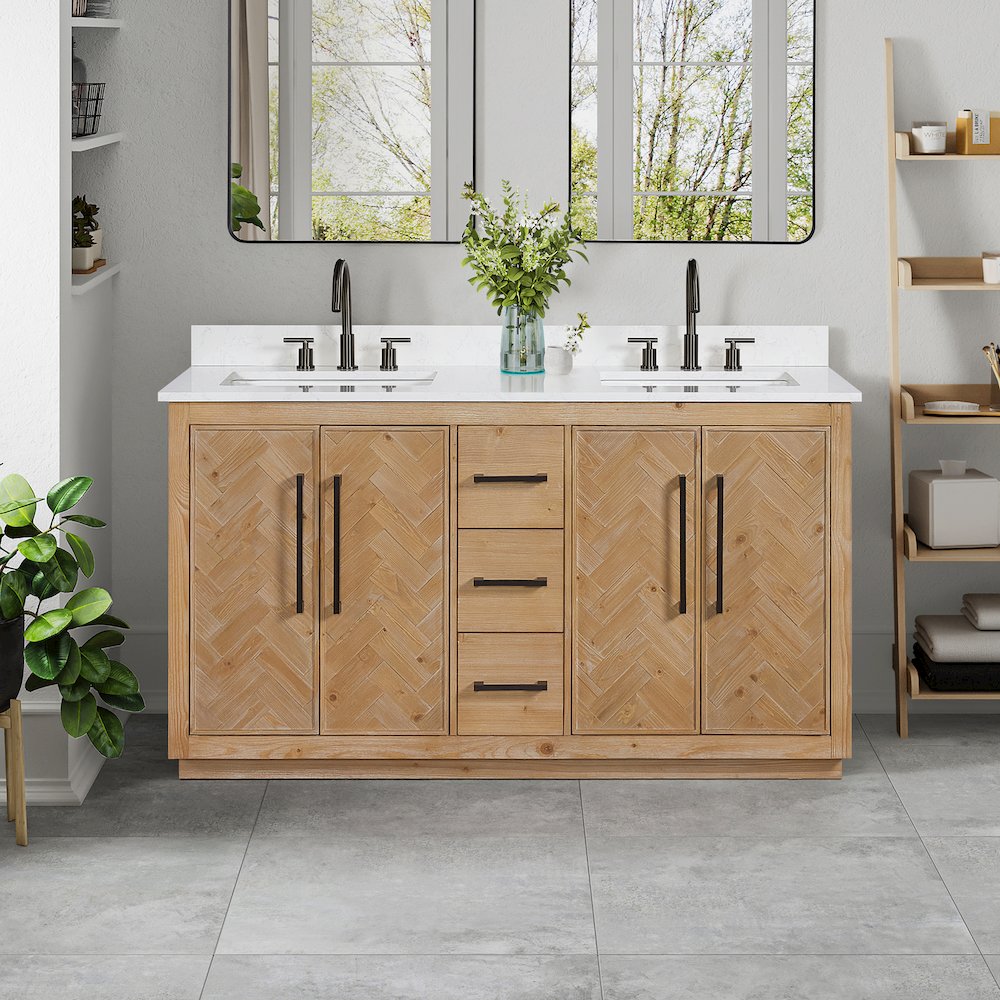 60" Double Bathroom Vanity Grain White Engineered Stone Countertop. Picture 10