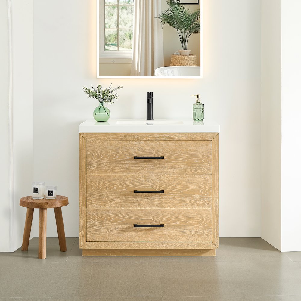 36" Single Bathroom Vanity in White Oak with White Artificial Drop-in Sink. Picture 2