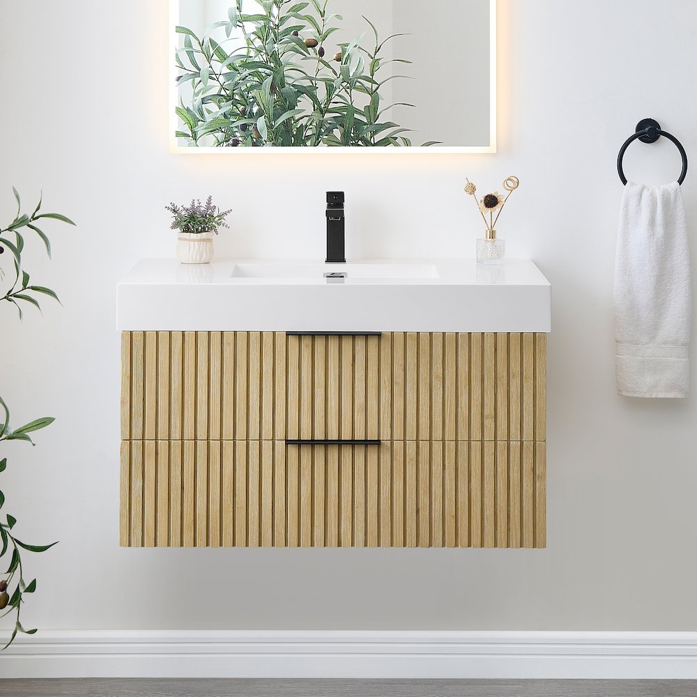 Single Bathroom Vanity in Nature Brown White Artificial Drop-in Sink. Picture 2
