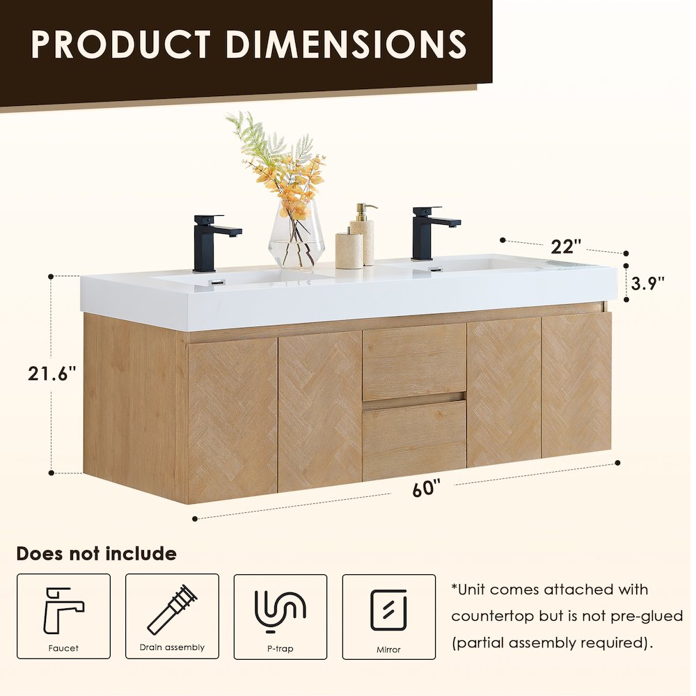 Double Bathroom Vanity in Light Brown White Artificial Drop-in Sink. Picture 12