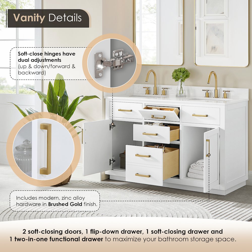 54" Double Bathroom Vanity in White with Grain White. Picture 8