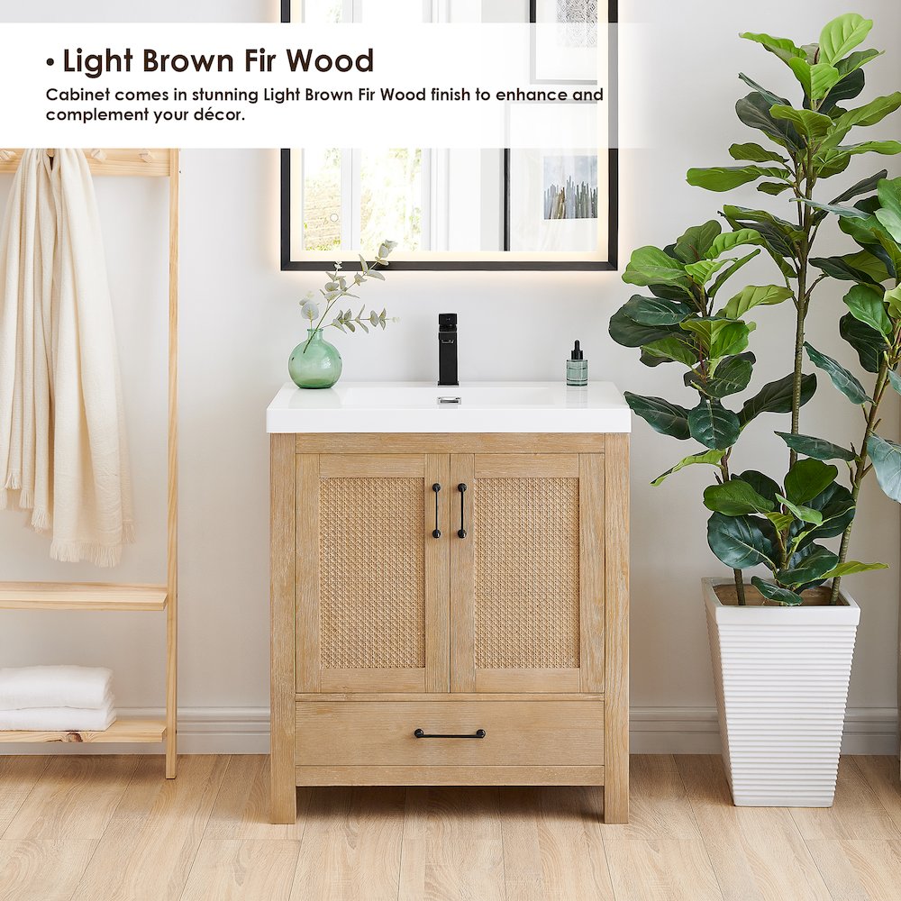 Single Bathroom Vanity in Light Brown White Artificial Drop-in Sink. Picture 5