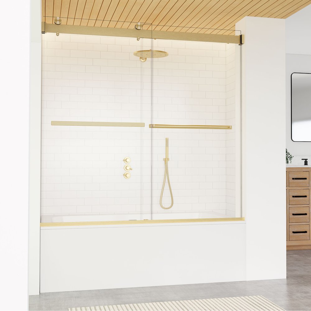 By Pass Frameless Tub Door in Brushed Gold with Clear Glass. Picture 2