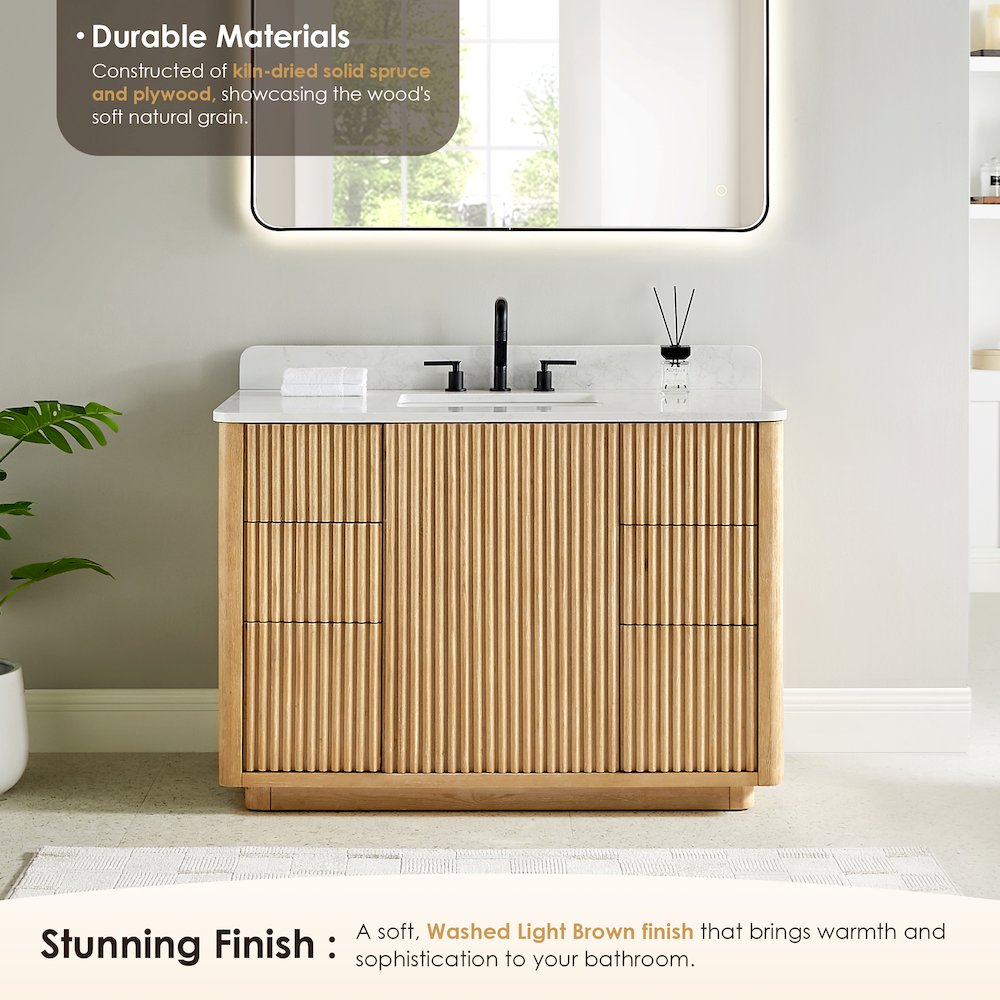 48" Single Bathroom Vanity in Washed Light Brown with Grain White. Picture 5