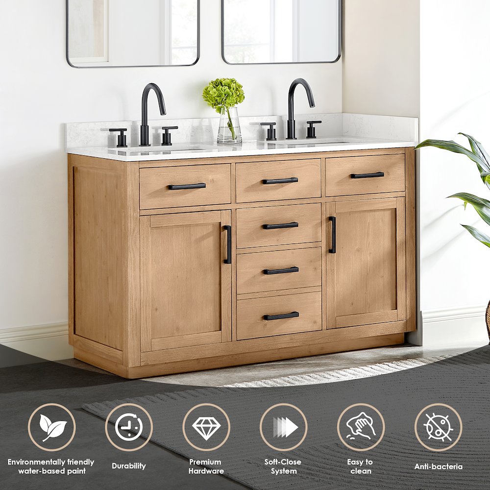 54" Double Bathroom Vanity in Light Brown with Grain White. Picture 9