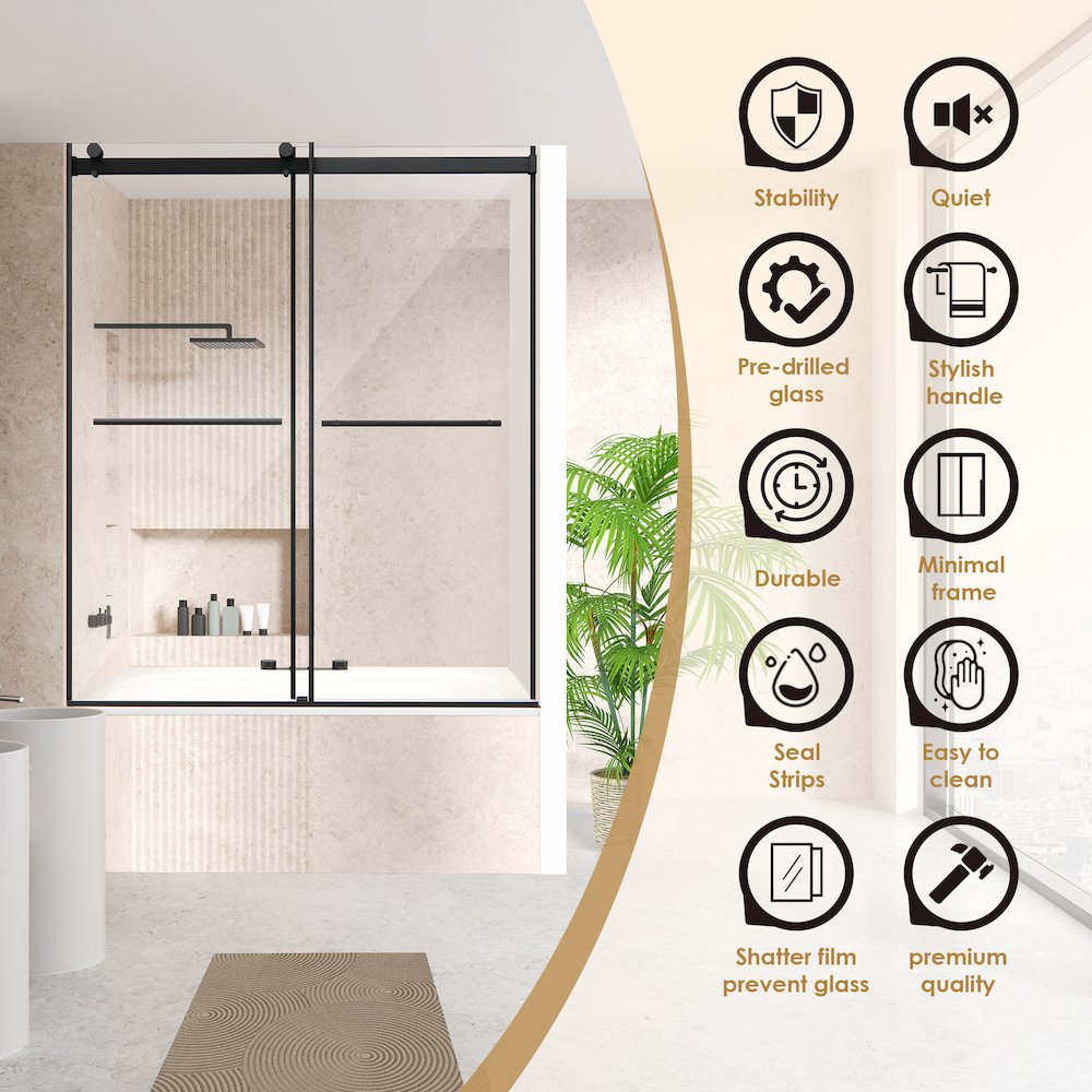 Frameless Exposed Roller Tub Door in Matte Black with Clear Glass. Picture 7