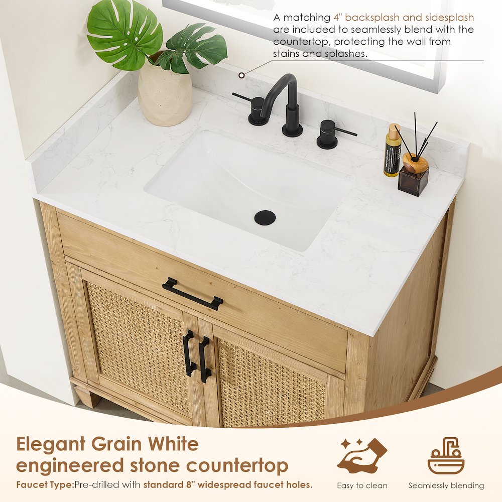 36" Single Bathroom Vanity in with Grain White Engineered Stone Countertop. Picture 7