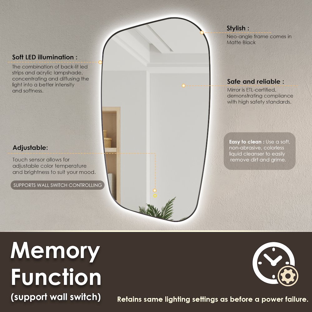 26"x48" Anti-Fog Wall Mirror in Matte Black Aluminum Framed. Picture 12