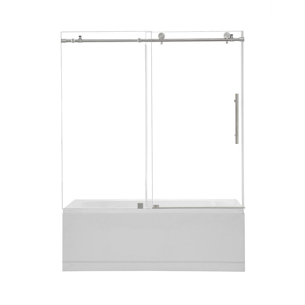 Single Sliding Frameless Tub Door in Brushed Nickel with Clear Glass. Picture 1