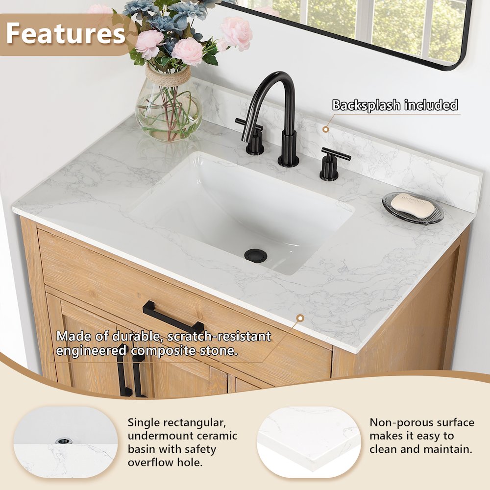 Ceres 37. in Engineered Stone Vanity Top in Grain White with Single White Sink. Picture 7