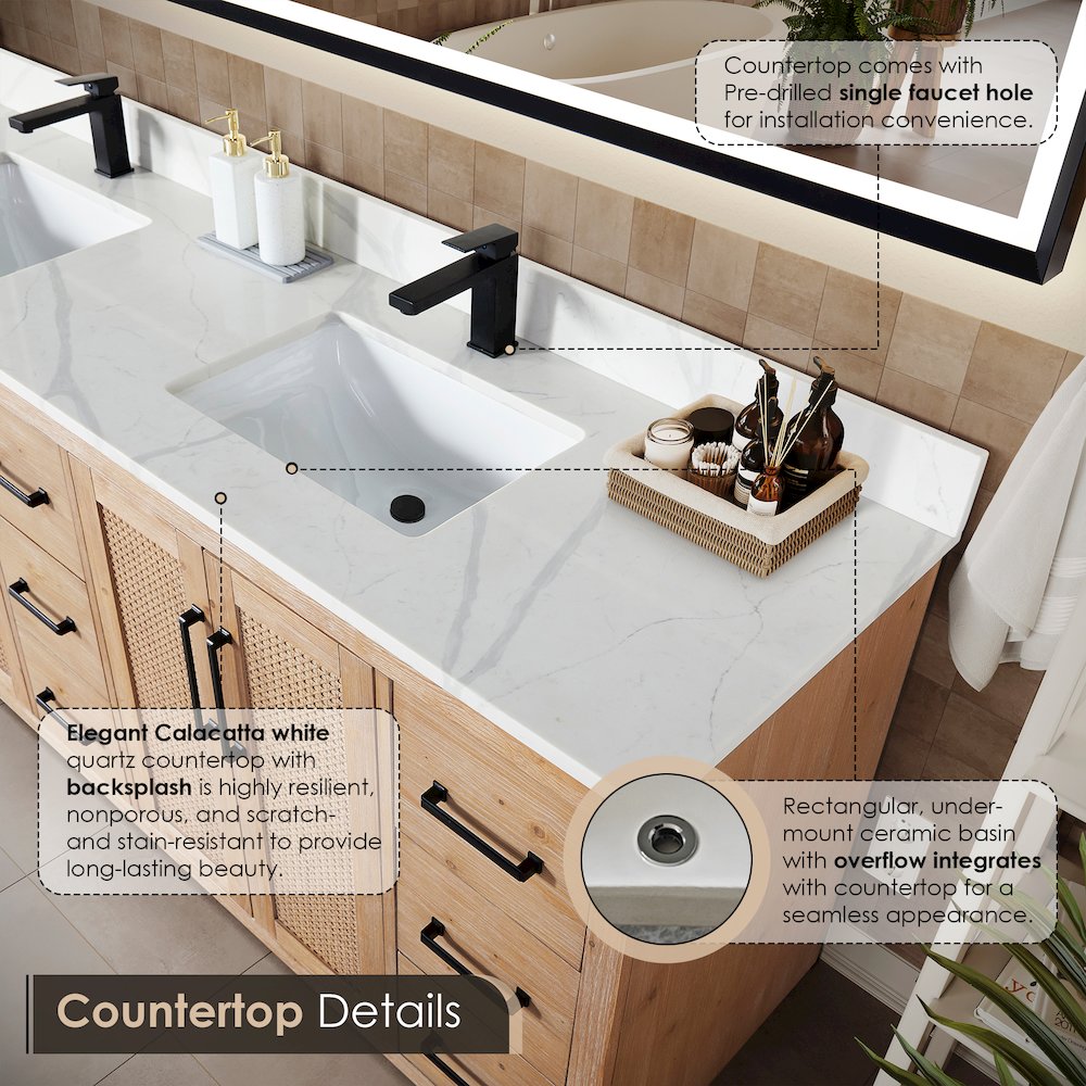 84" Double Bathroom Vanity with Calacatta White Quartz Countertop with Mirror. Picture 6