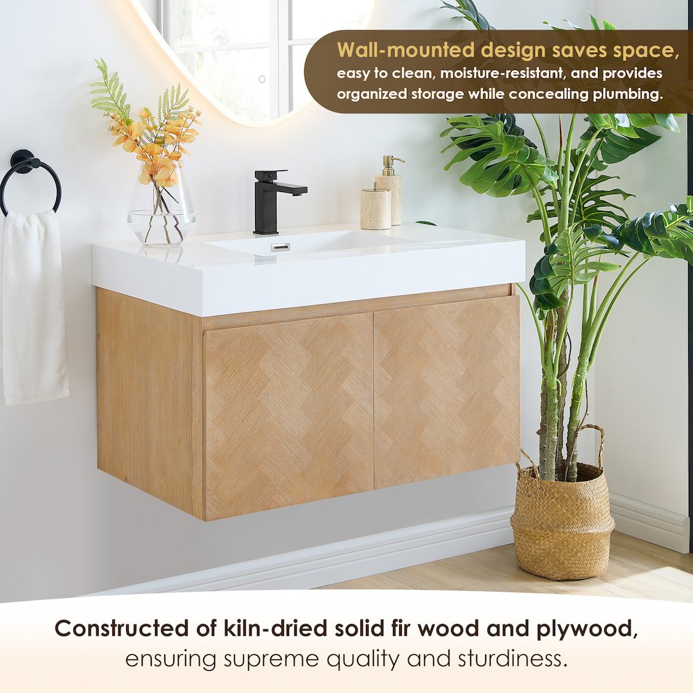 Single Bathroom Vanity in Light Brown White Artificial Drop-in Sink. Picture 6