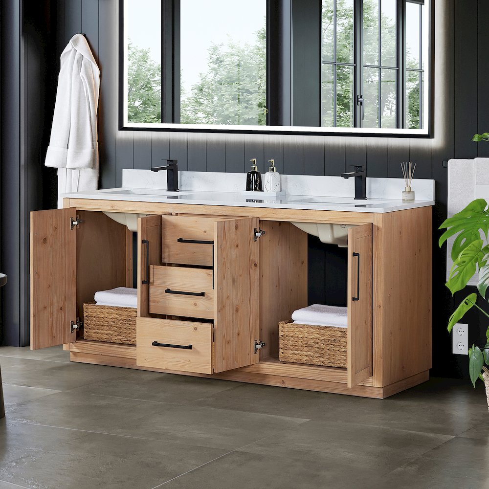 72" Double Bathroom Vanity with Grain White Countertop without Mirror. Picture 4