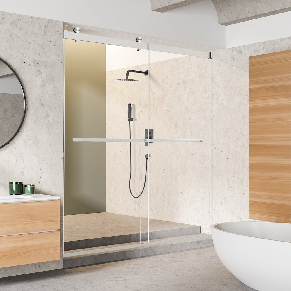 Pass Frameless Shower Door in Brushed Nickel with Clear Glass. Picture 6